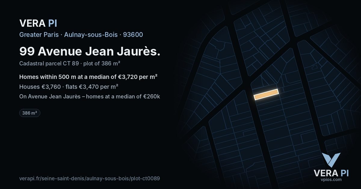 99 Avenue Jean Jaurès, Aulnay-sous-Bois at night – the plot lit, the parcels around coloured by the prices near them
