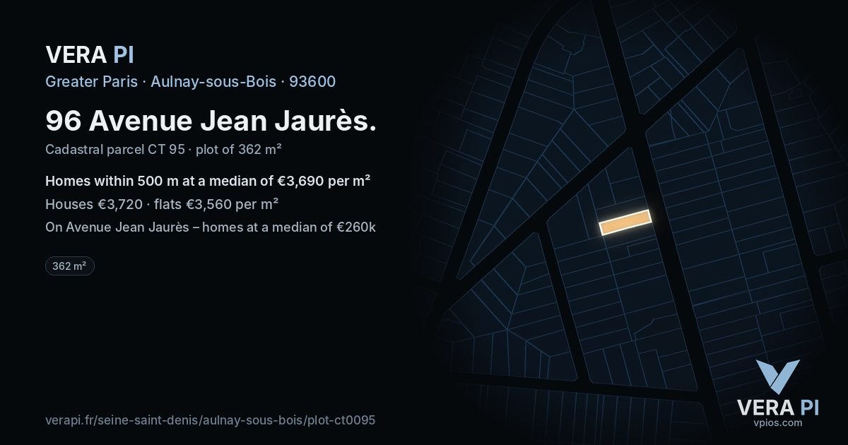 96 Avenue Jean Jaurès, Aulnay-sous-Bois at night – the plot lit, the parcels around coloured by the prices near them