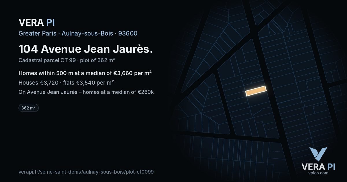 104 Avenue Jean Jaurès, Aulnay-sous-Bois at night – the plot lit, the parcels around coloured by the prices near them
