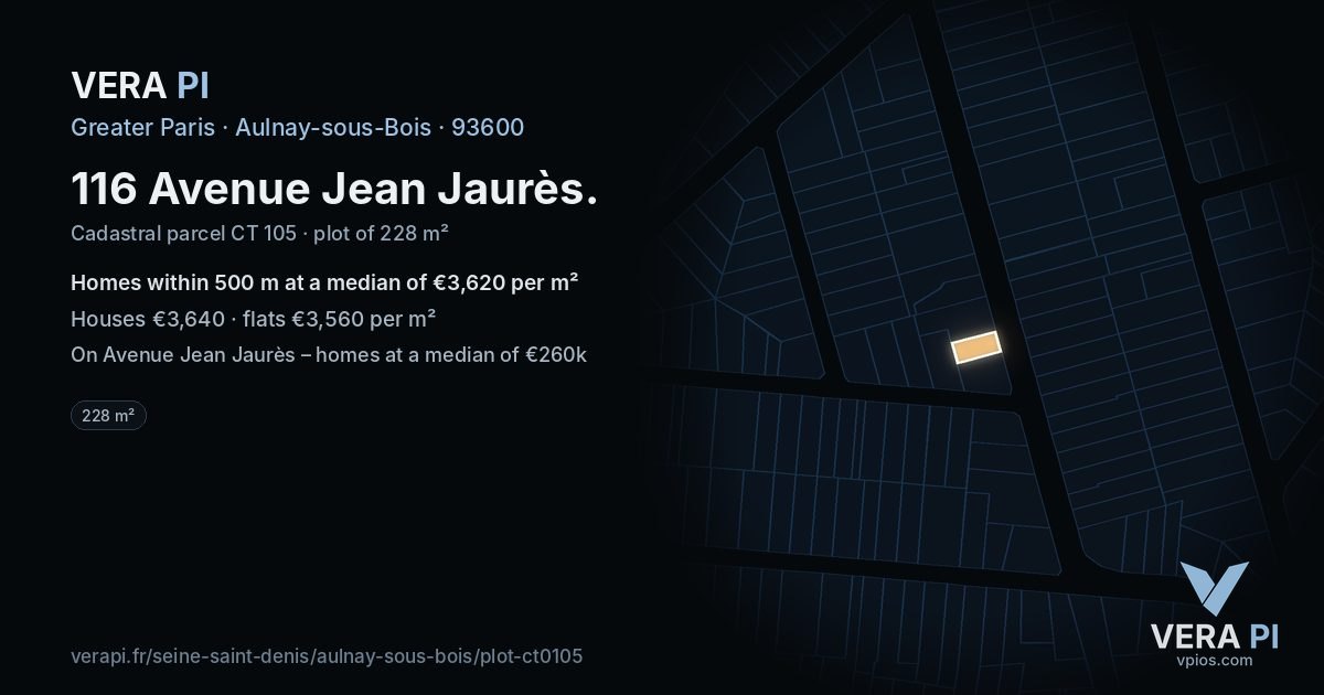 116 Avenue Jean Jaurès, Aulnay-sous-Bois at night – the plot lit, the parcels around coloured by the prices near them