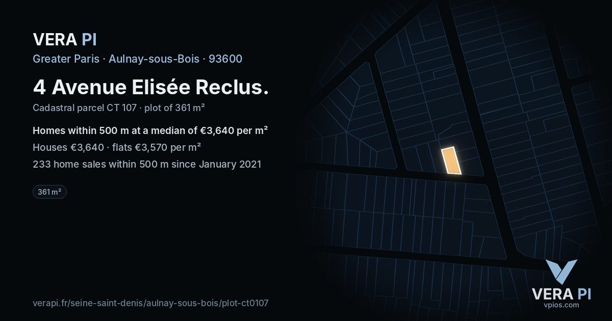 4 Avenue Elisée Reclus, Aulnay-sous-Bois at night – the plot lit, the parcels around coloured by the prices near them