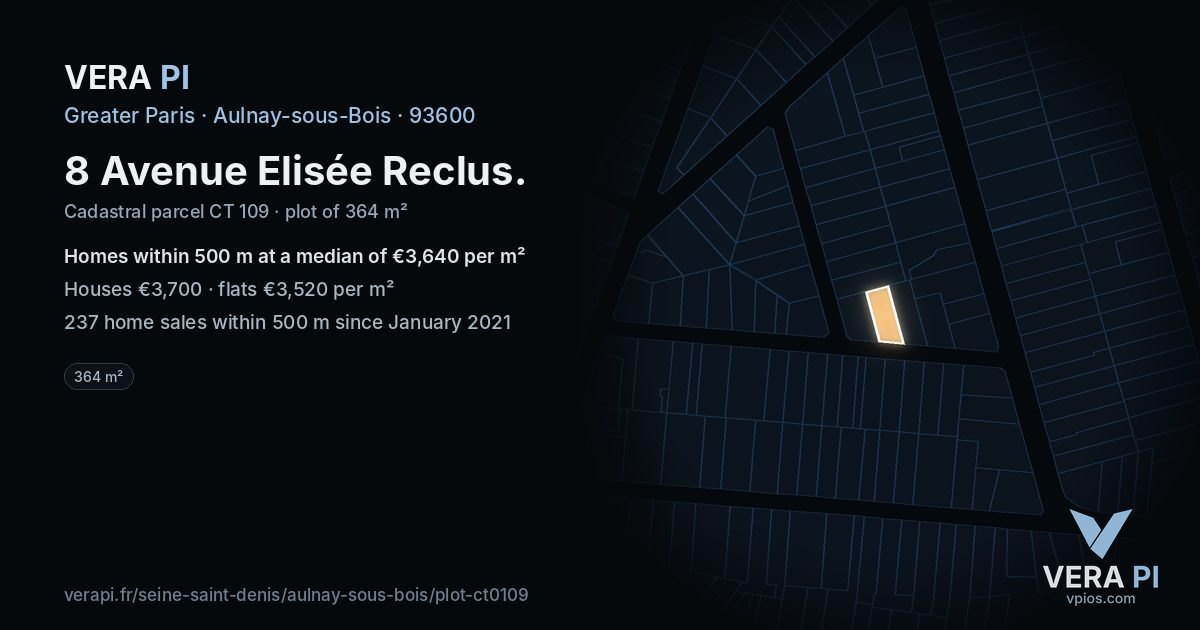 8 Avenue Elisée Reclus, Aulnay-sous-Bois at night – the plot lit, the parcels around coloured by the prices near them