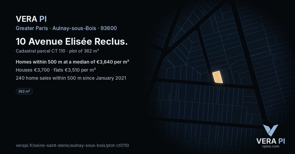 10 Avenue Elisée Reclus, Aulnay-sous-Bois at night – the plot lit, the parcels around coloured by the prices near them