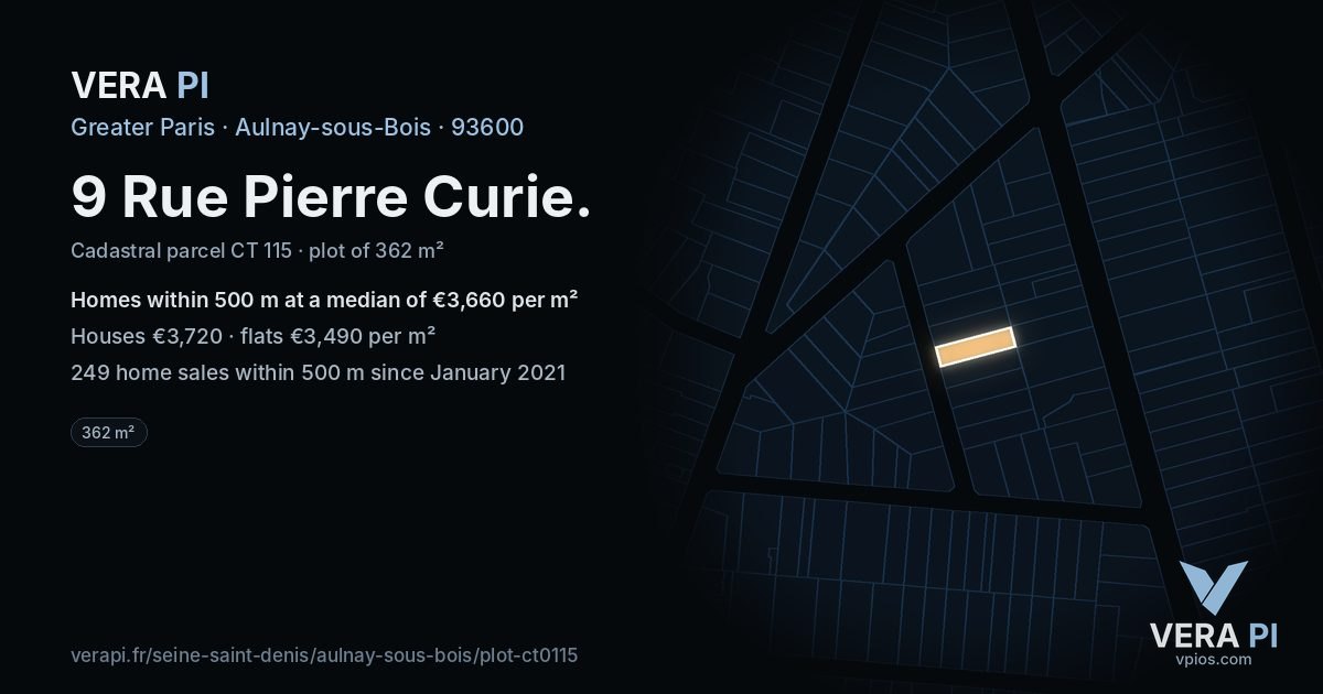 9 Rue Pierre Curie, Aulnay-sous-Bois at night – the plot lit, the parcels around coloured by the prices near them