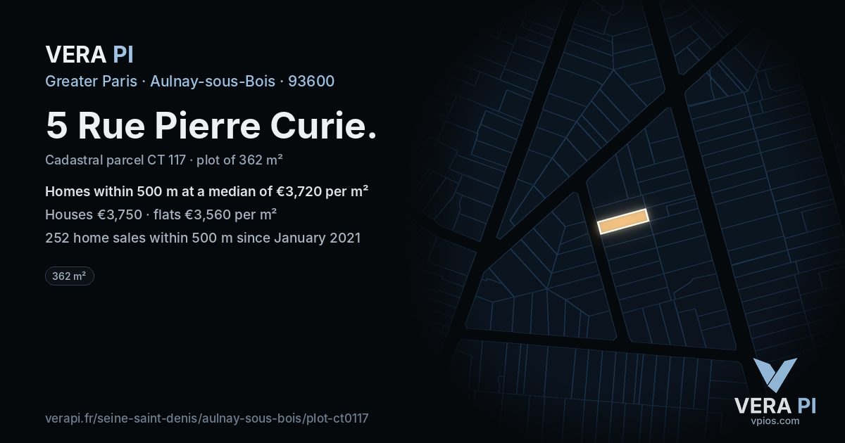 5 Rue Pierre Curie, Aulnay-sous-Bois at night – the plot lit, the parcels around coloured by the prices near them