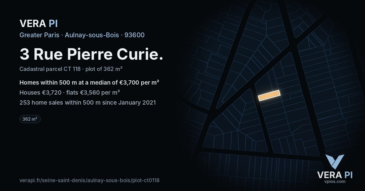 3 Rue Pierre Curie, Aulnay-sous-Bois at night – the plot lit, the parcels around coloured by the prices near them