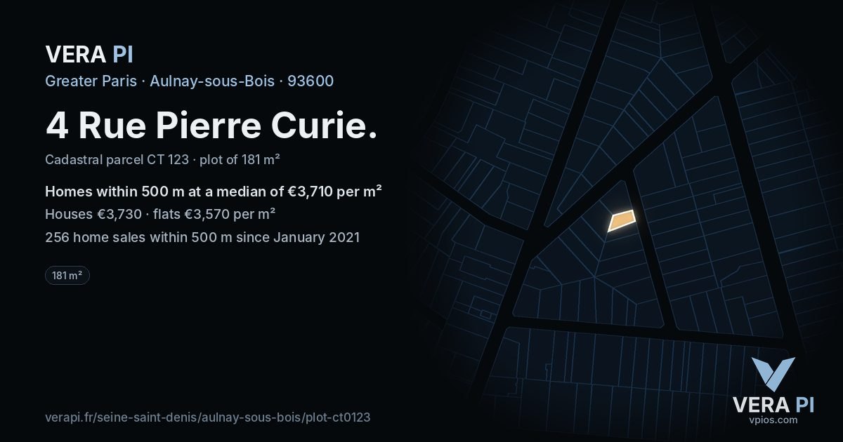 4 Rue Pierre Curie, Aulnay-sous-Bois at night – the plot lit, the parcels around coloured by the prices near them