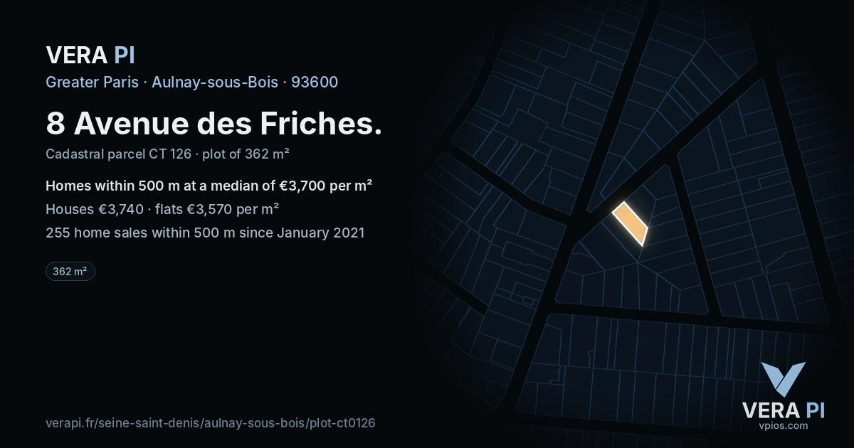 8 Avenue des Friches, Aulnay-sous-Bois at night – the plot lit, the parcels around coloured by the prices near them