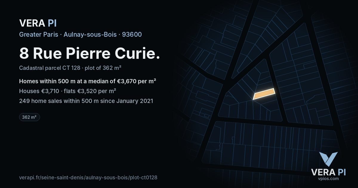 8 Rue Pierre Curie, Aulnay-sous-Bois at night – the plot lit, the parcels around coloured by the prices near them