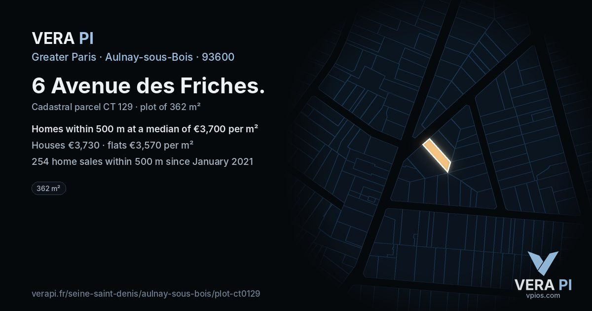 6 Avenue des Friches, Aulnay-sous-Bois at night – the plot lit, the parcels around coloured by the prices near them