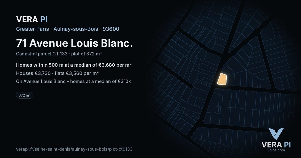 71 Avenue Louis Blanc, Aulnay-sous-Bois at night – the plot lit, the parcels around coloured by the prices near them