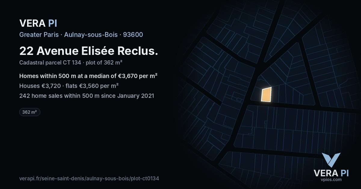 22 Avenue Elisée Reclus, Aulnay-sous-Bois at night – the plot lit, the parcels around coloured by the prices near them