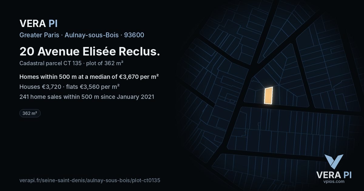 20 Avenue Elisée Reclus, Aulnay-sous-Bois at night – the plot lit, the parcels around coloured by the prices near them