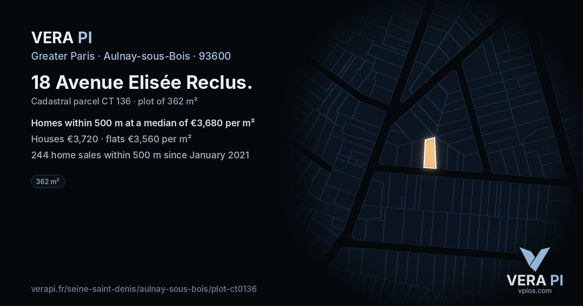 18 Avenue Elisée Reclus, Aulnay-sous-Bois at night – the plot lit, the parcels around coloured by the prices near them