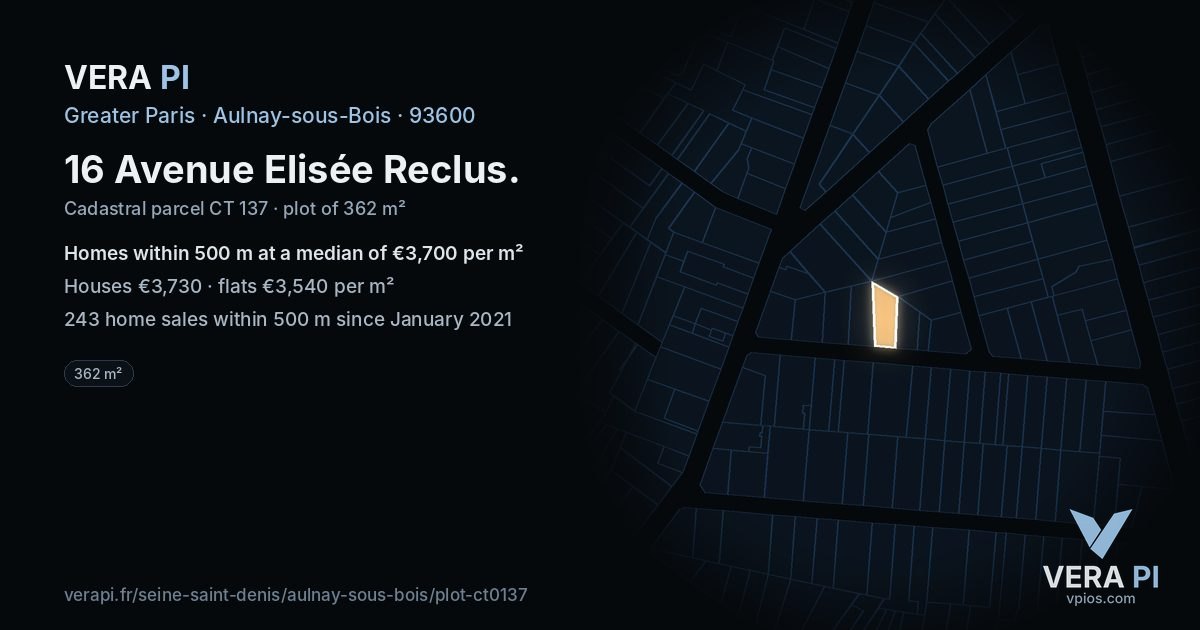 16 Avenue Elisée Reclus, Aulnay-sous-Bois at night – the plot lit, the parcels around coloured by the prices near them