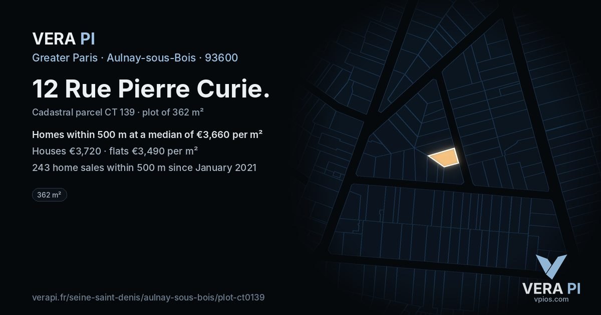 12 Rue Pierre Curie, Aulnay-sous-Bois at night – the plot lit, the parcels around coloured by the prices near them