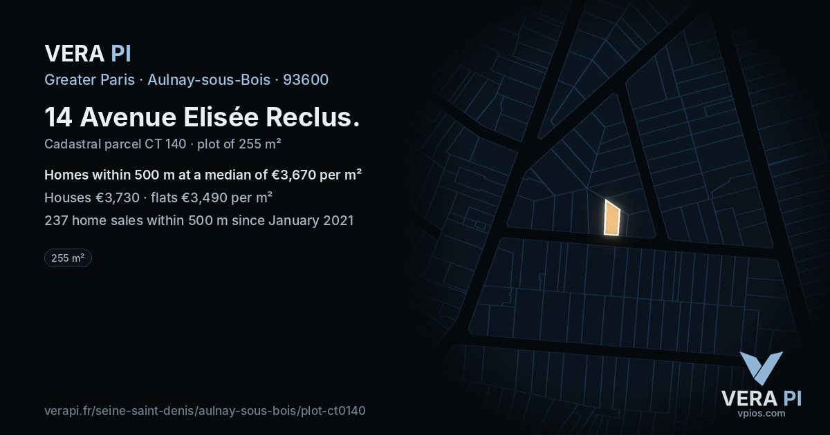14 Avenue Elisée Reclus, Aulnay-sous-Bois at night – the plot lit, the parcels around coloured by the prices near them