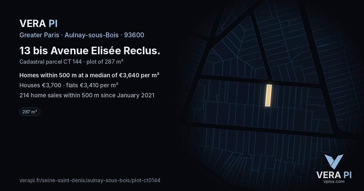13 bis Avenue Elisée Reclus, Aulnay-sous-Bois at night – the plot lit, the parcels around coloured by the prices near them