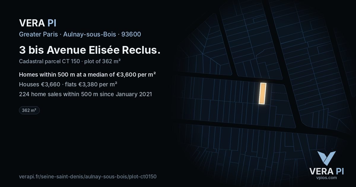 3 bis Avenue Elisée Reclus, Aulnay-sous-Bois at night – the plot lit, the parcels around coloured by the prices near them