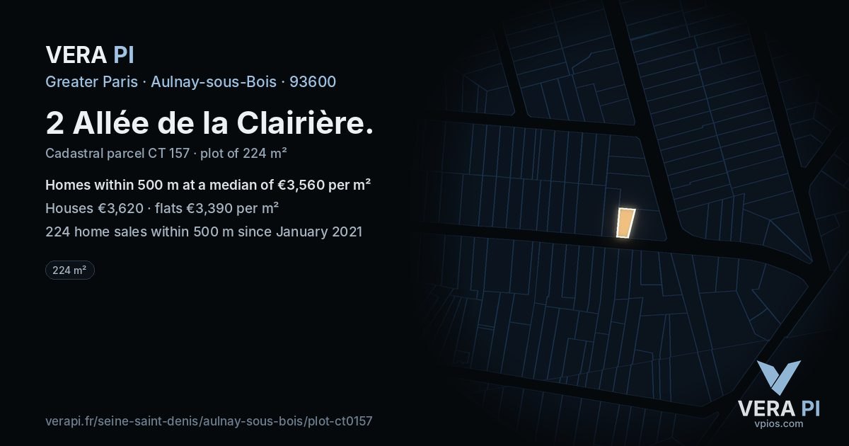 2 Allée de la Clairière, Aulnay-sous-Bois at night – the plot lit, the parcels around coloured by the prices near them