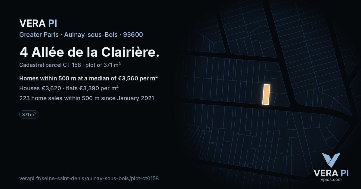 4 Allée de la Clairière, Aulnay-sous-Bois at night – the plot lit, the parcels around coloured by the prices near them