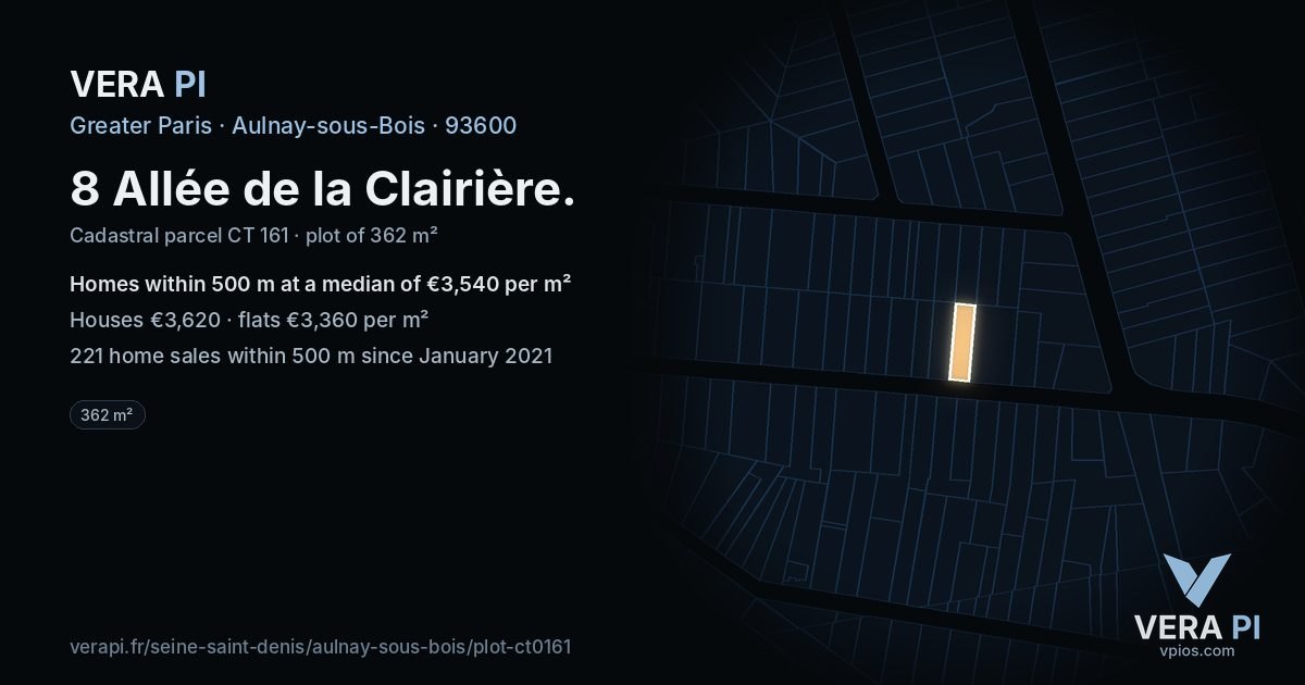 8 Allée de la Clairière, Aulnay-sous-Bois at night – the plot lit, the parcels around coloured by the prices near them