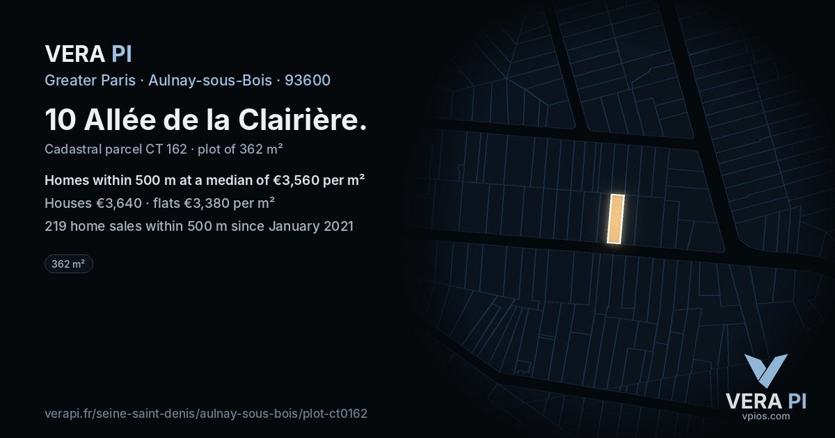 10 Allée de la Clairière, Aulnay-sous-Bois at night – the plot lit, the parcels around coloured by the prices near them