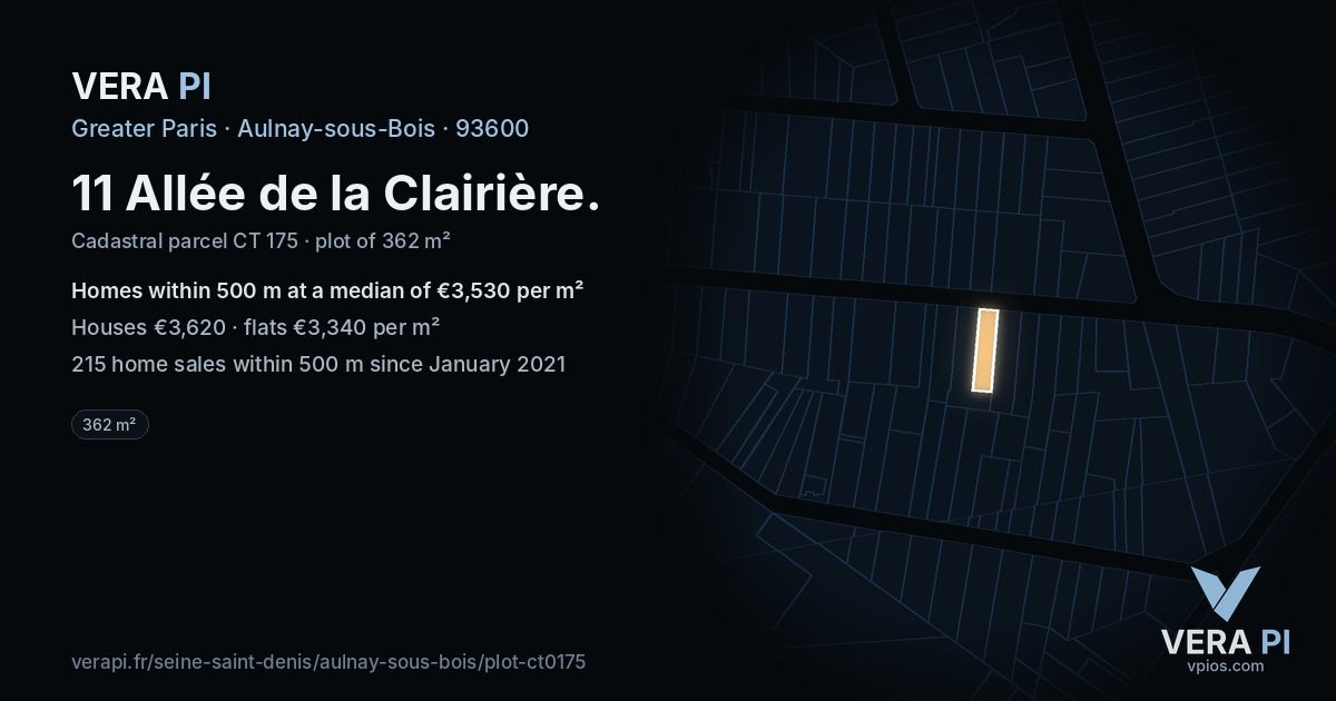 11 Allée de la Clairière, Aulnay-sous-Bois at night – the plot lit, the parcels around coloured by the prices near them