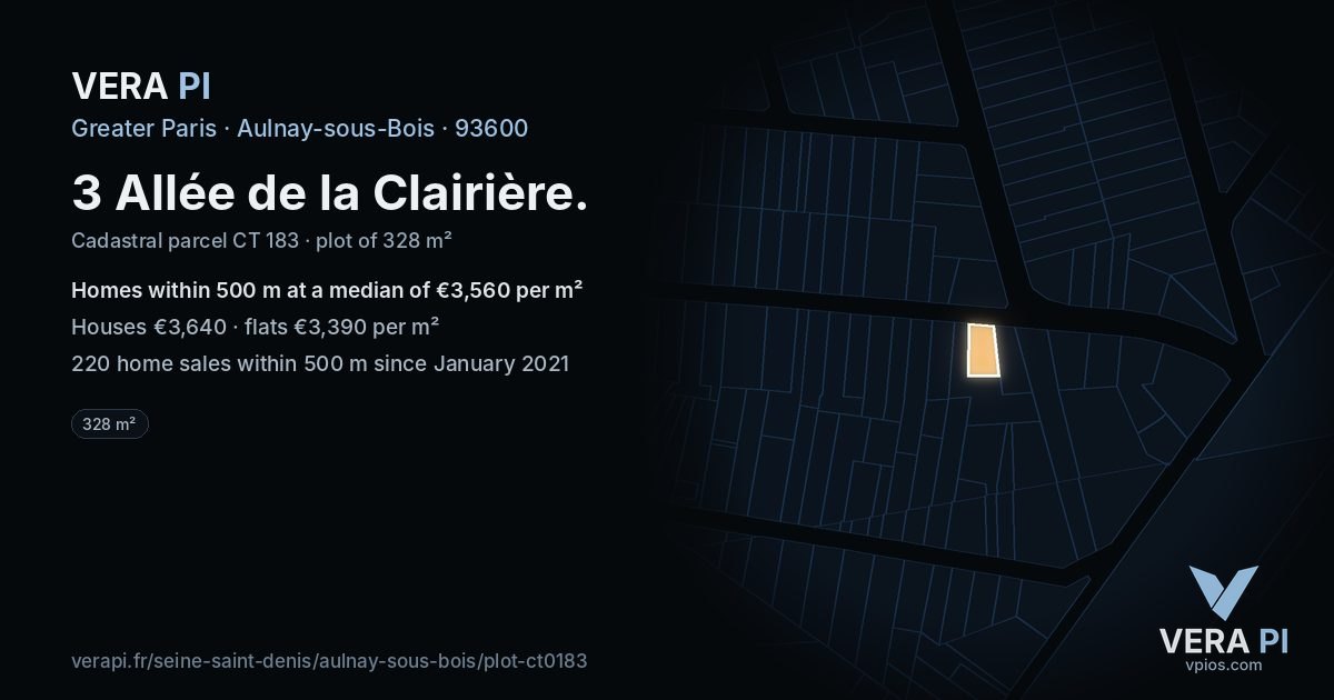 3 Allée de la Clairière, Aulnay-sous-Bois at night – the plot lit, the parcels around coloured by the prices near them