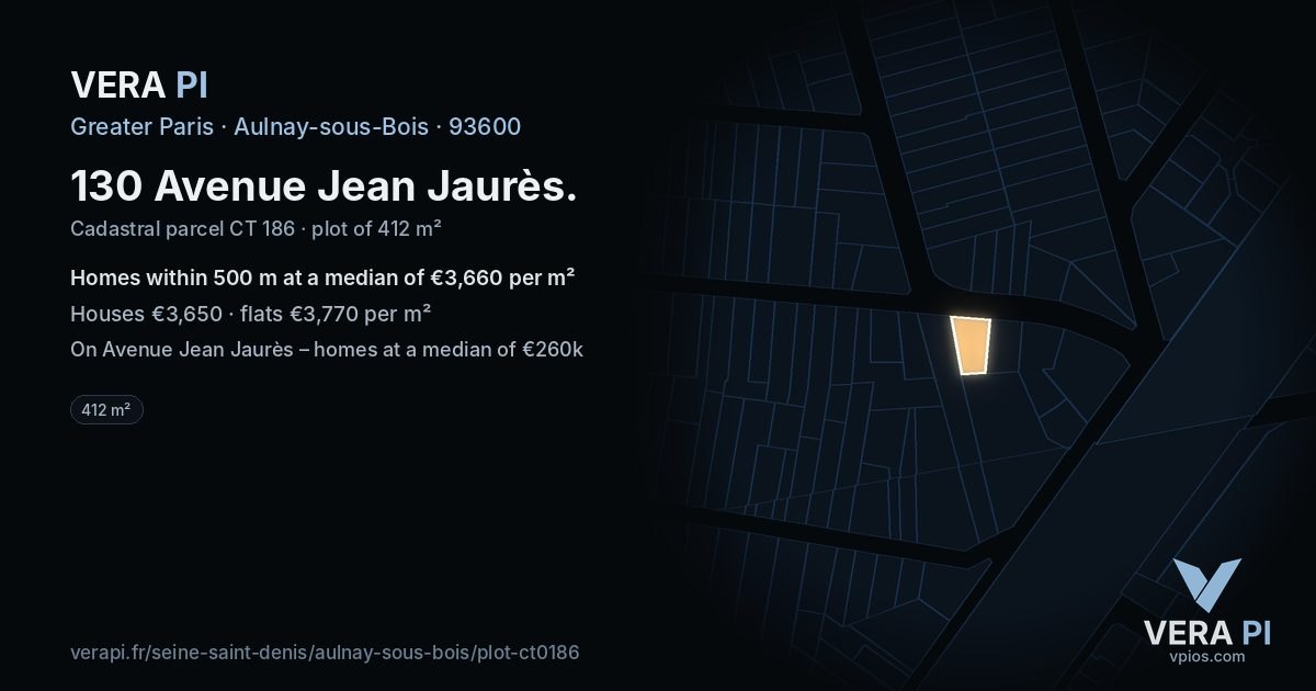 130 Avenue Jean Jaurès, Aulnay-sous-Bois at night – the plot lit, the parcels around coloured by the prices near them