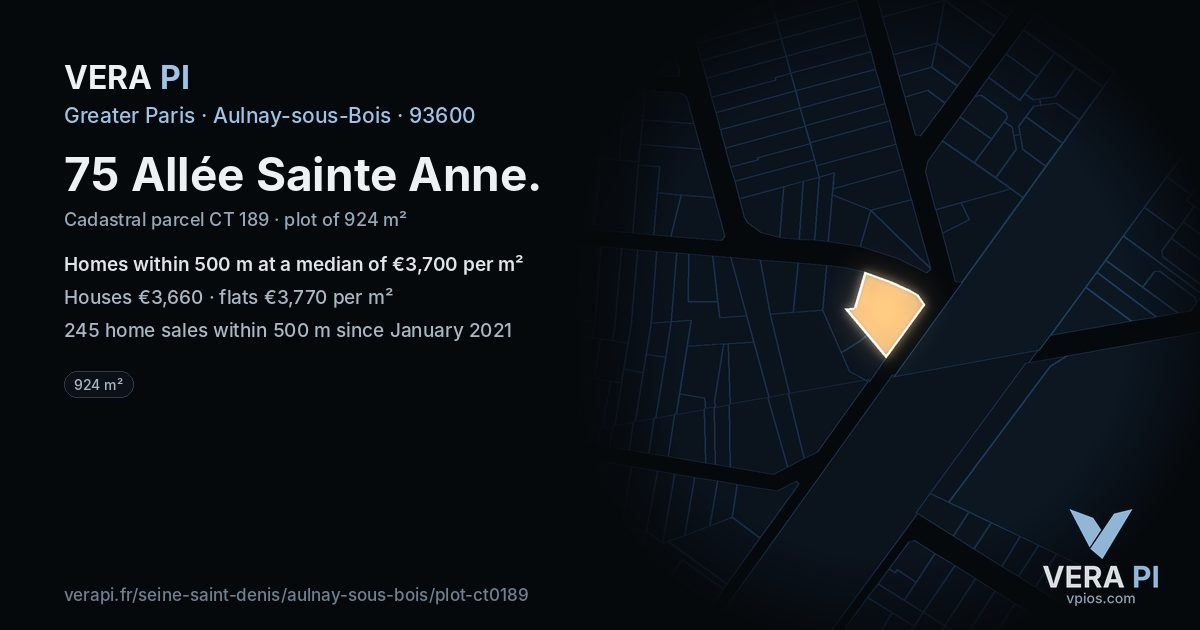 75 Allée Sainte Anne, Aulnay-sous-Bois at night – the plot lit, the parcels around coloured by the prices near them