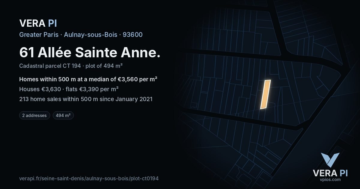 61 Allée Sainte Anne, Aulnay-sous-Bois at night – the plot lit, the parcels around coloured by the prices near them