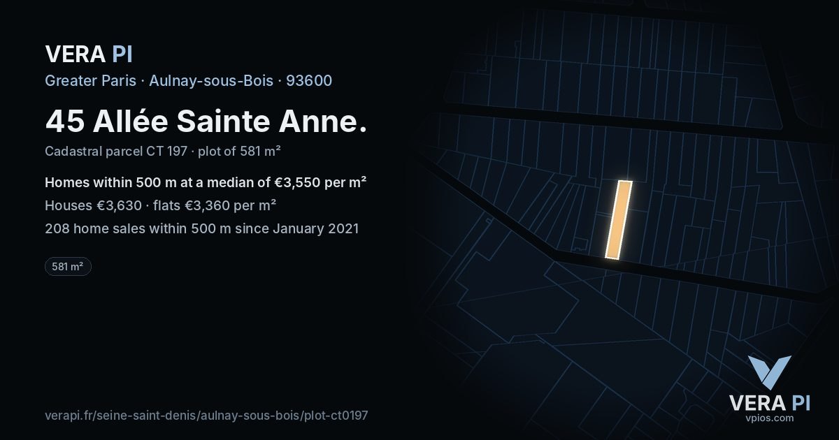 45 Allée Sainte Anne, Aulnay-sous-Bois at night – the plot lit, the parcels around coloured by the prices near them