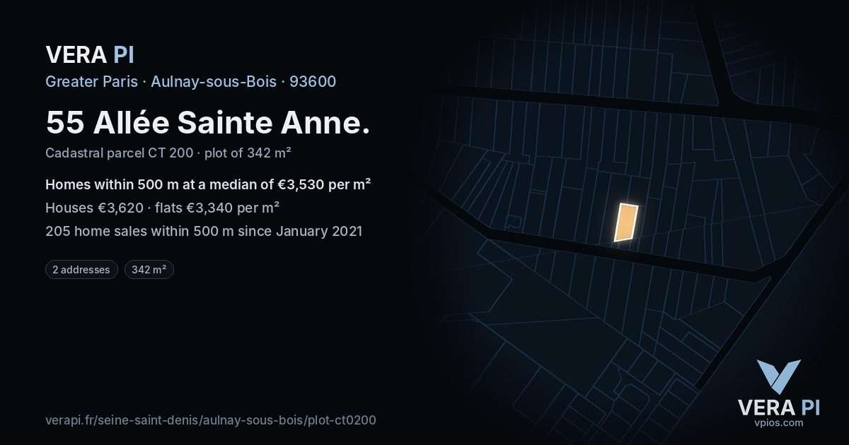 55 Allée Sainte Anne, Aulnay-sous-Bois at night – the plot lit, the parcels around coloured by the prices near them