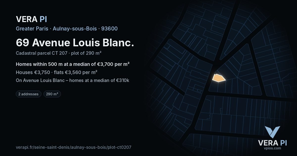 69 Avenue Louis Blanc, Aulnay-sous-Bois at night – the plot lit, the parcels around coloured by the prices near them