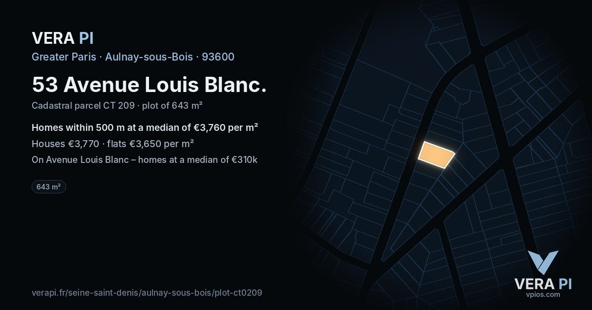 53 Avenue Louis Blanc, Aulnay-sous-Bois at night – the plot lit, the parcels around coloured by the prices near them