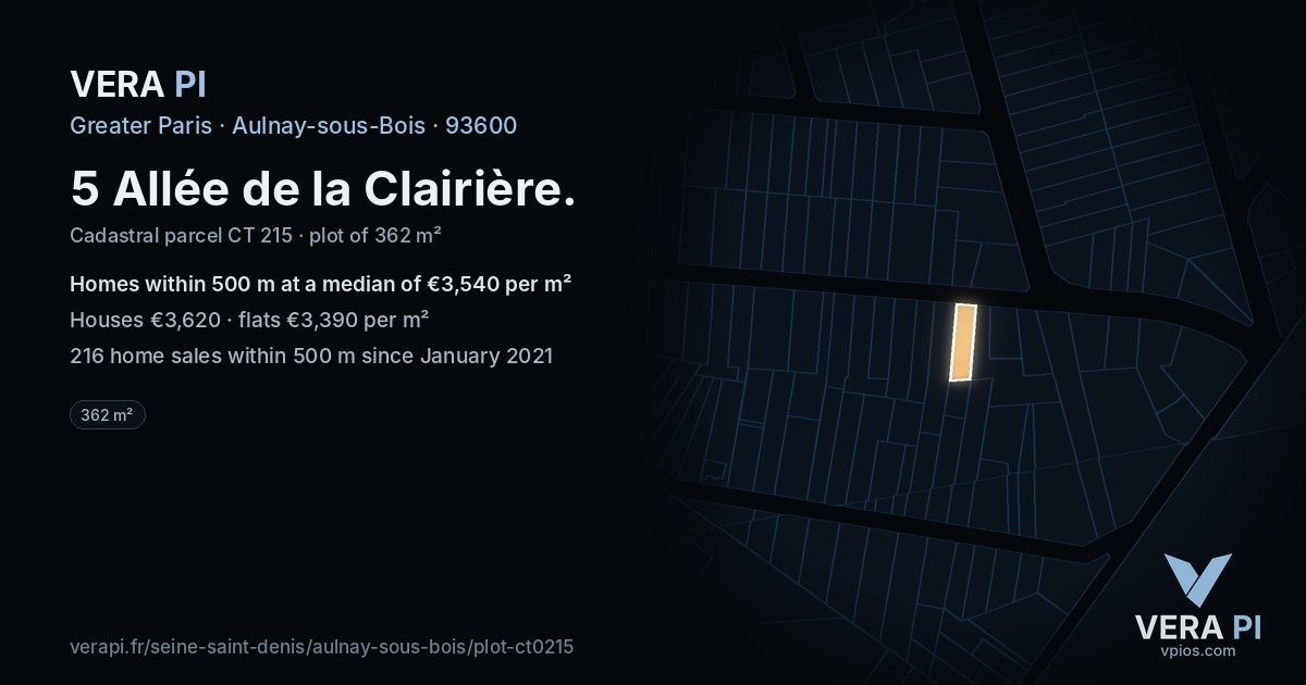 5 Allée de la Clairière, Aulnay-sous-Bois at night – the plot lit, the parcels around coloured by the prices near them