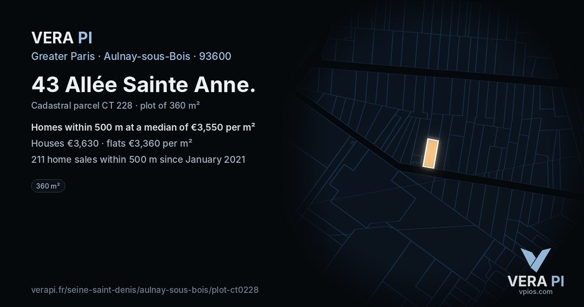 43 Allée Sainte Anne, Aulnay-sous-Bois at night – the plot lit, the parcels around coloured by the prices near them