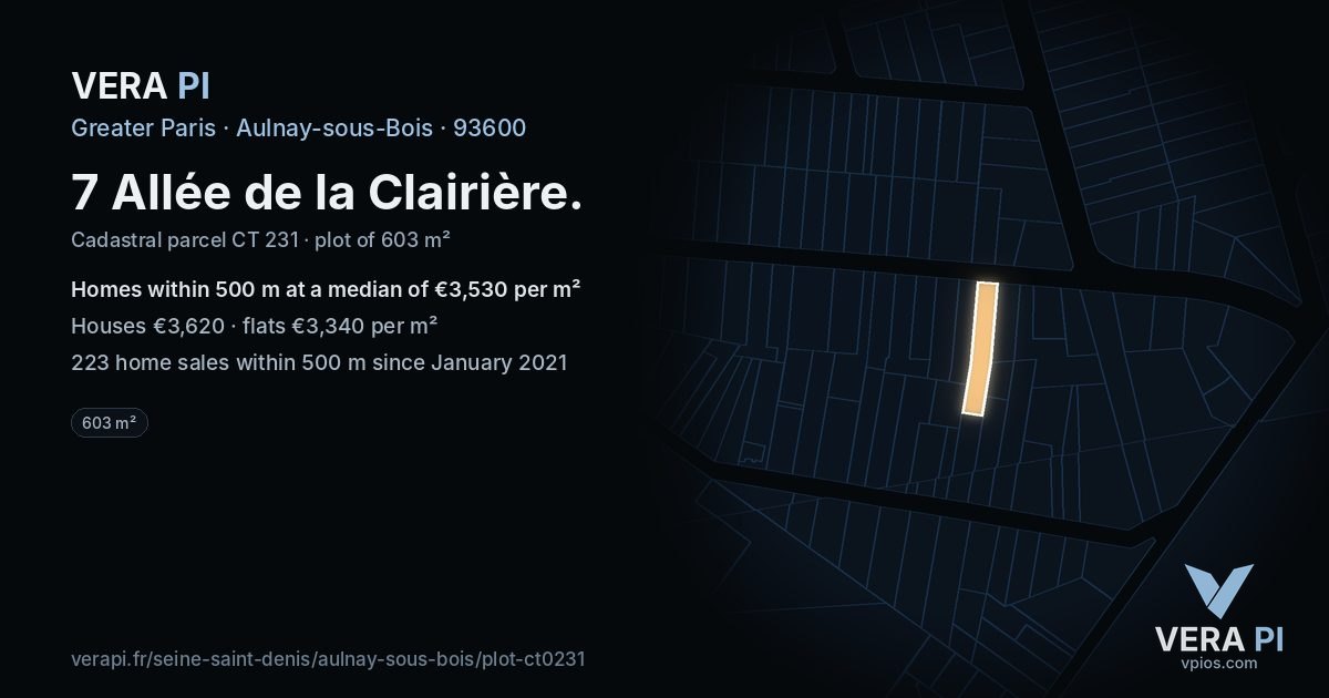 7 Allée de la Clairière, Aulnay-sous-Bois at night – the plot lit, the parcels around coloured by the prices near them