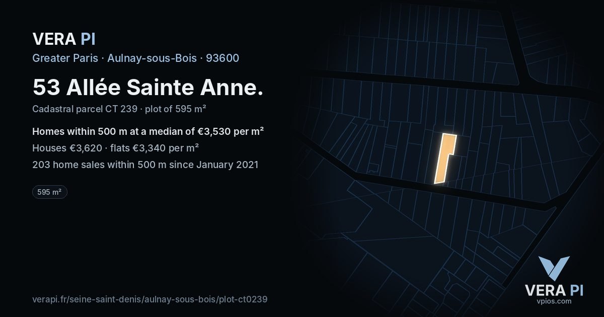 53 Allée Sainte Anne, Aulnay-sous-Bois at night – the plot lit, the parcels around coloured by the prices near them