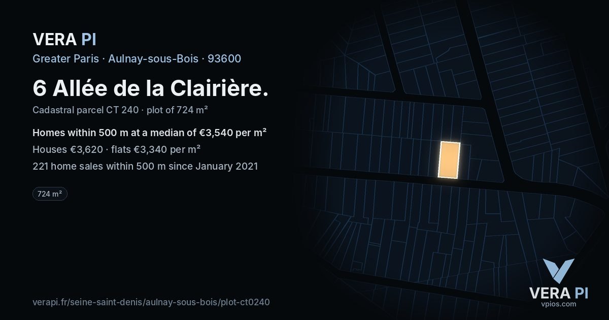 6 Allée de la Clairière, Aulnay-sous-Bois at night – the plot lit, the parcels around coloured by the prices near them