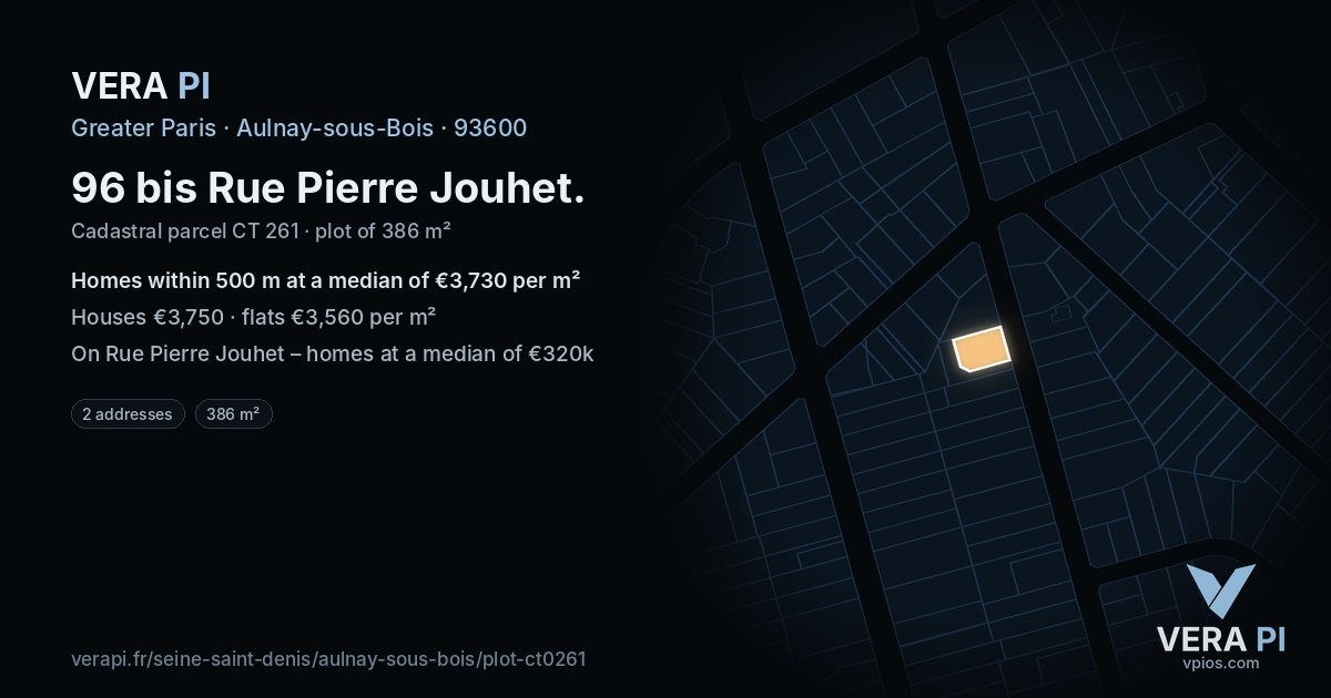 96 bis Rue Pierre Jouhet, Aulnay-sous-Bois at night – the plot lit, the parcels around coloured by the prices near them