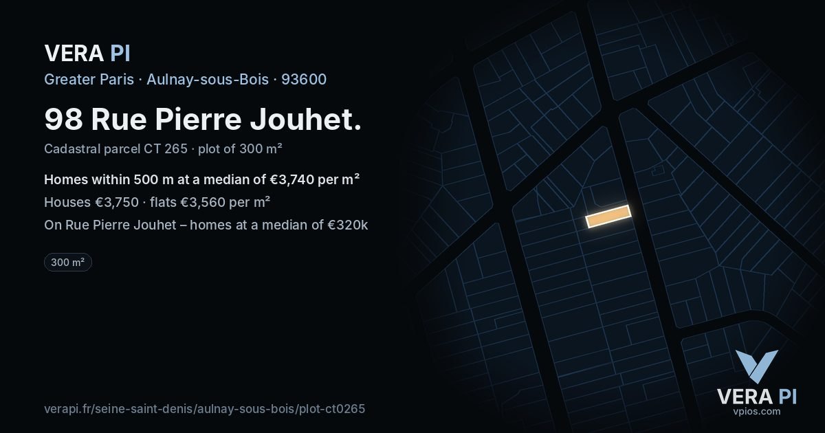 98 Rue Pierre Jouhet, Aulnay-sous-Bois at night – the plot lit, the parcels around coloured by the prices near them