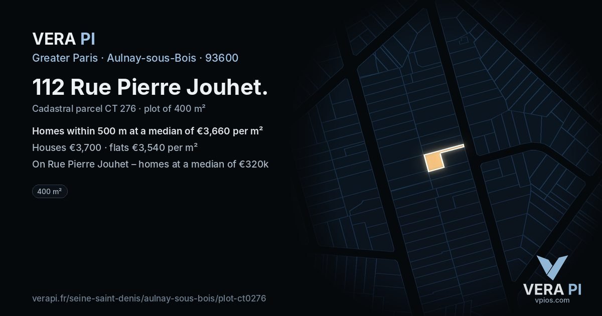 112 Rue Pierre Jouhet, Aulnay-sous-Bois at night – the plot lit, the parcels around coloured by the prices near them