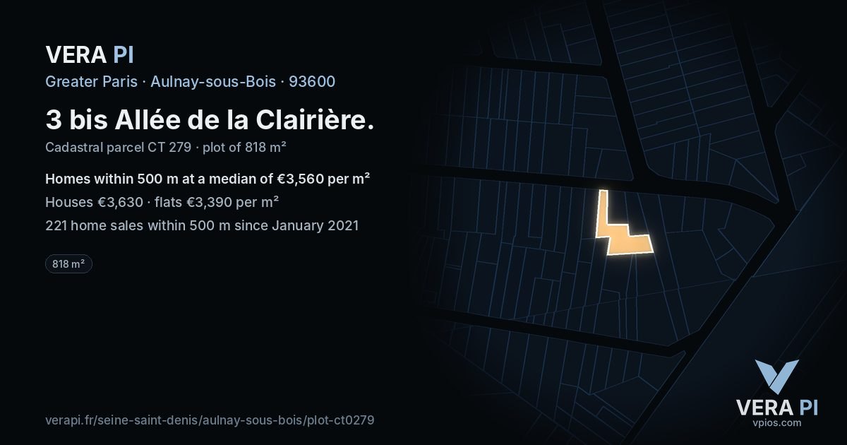 3 bis Allée de la Clairière, Aulnay-sous-Bois at night – the plot lit, the parcels around coloured by the prices near them