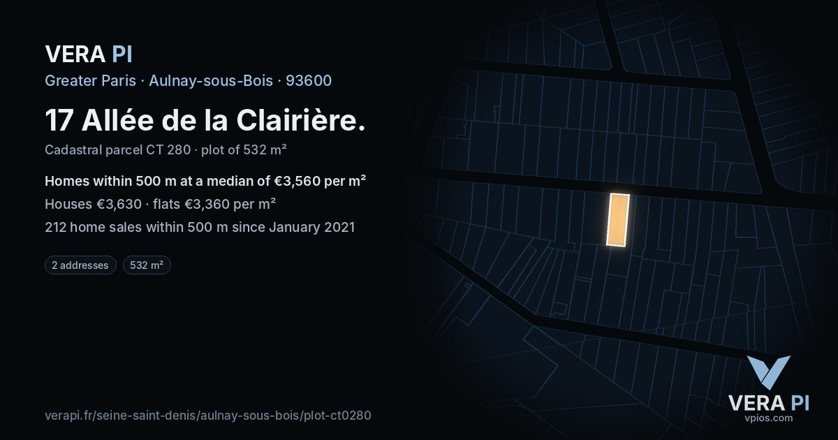 17 Allée de la Clairière, Aulnay-sous-Bois at night – the plot lit, the parcels around coloured by the prices near them