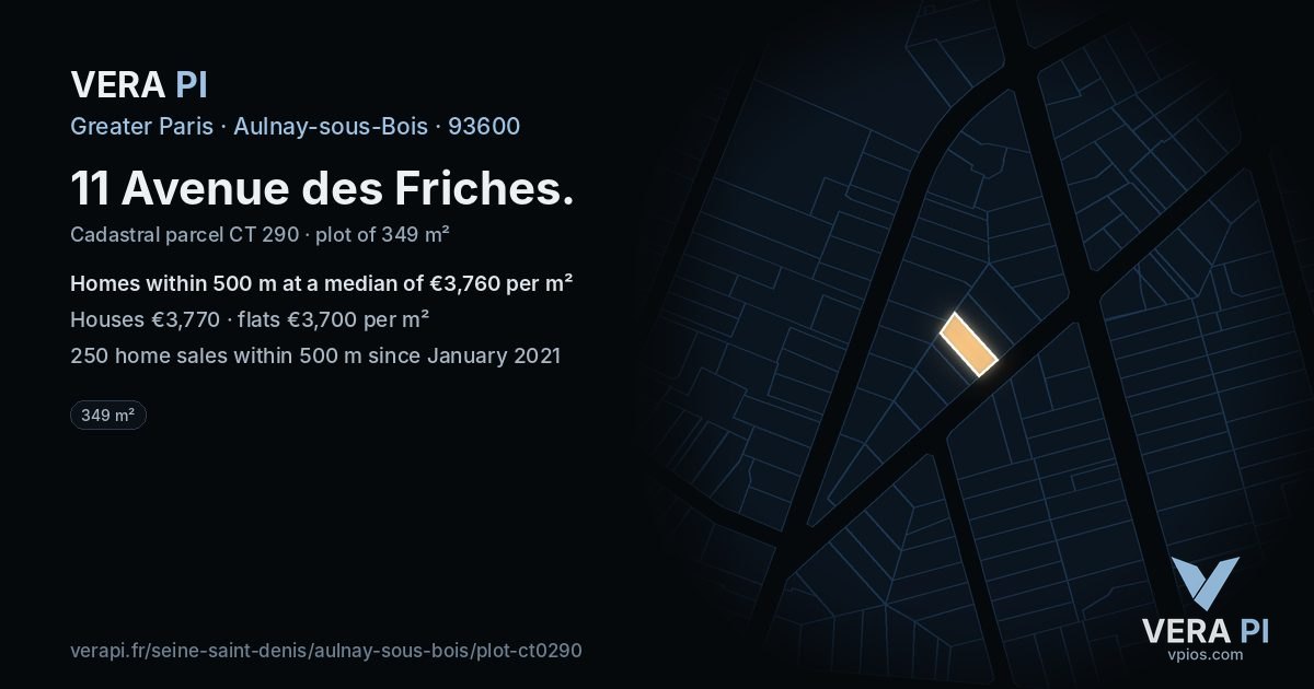 11 Avenue des Friches, Aulnay-sous-Bois at night – the plot lit, the parcels around coloured by the prices near them