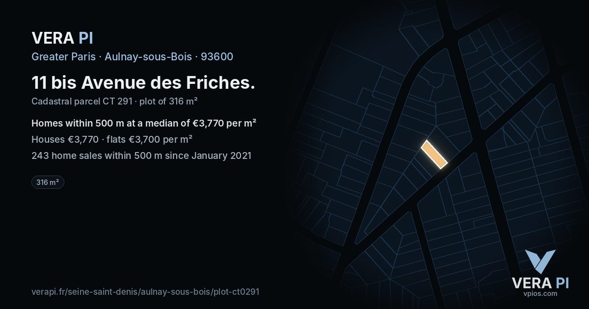 11 bis Avenue des Friches, Aulnay-sous-Bois at night – the plot lit, the parcels around coloured by the prices near them