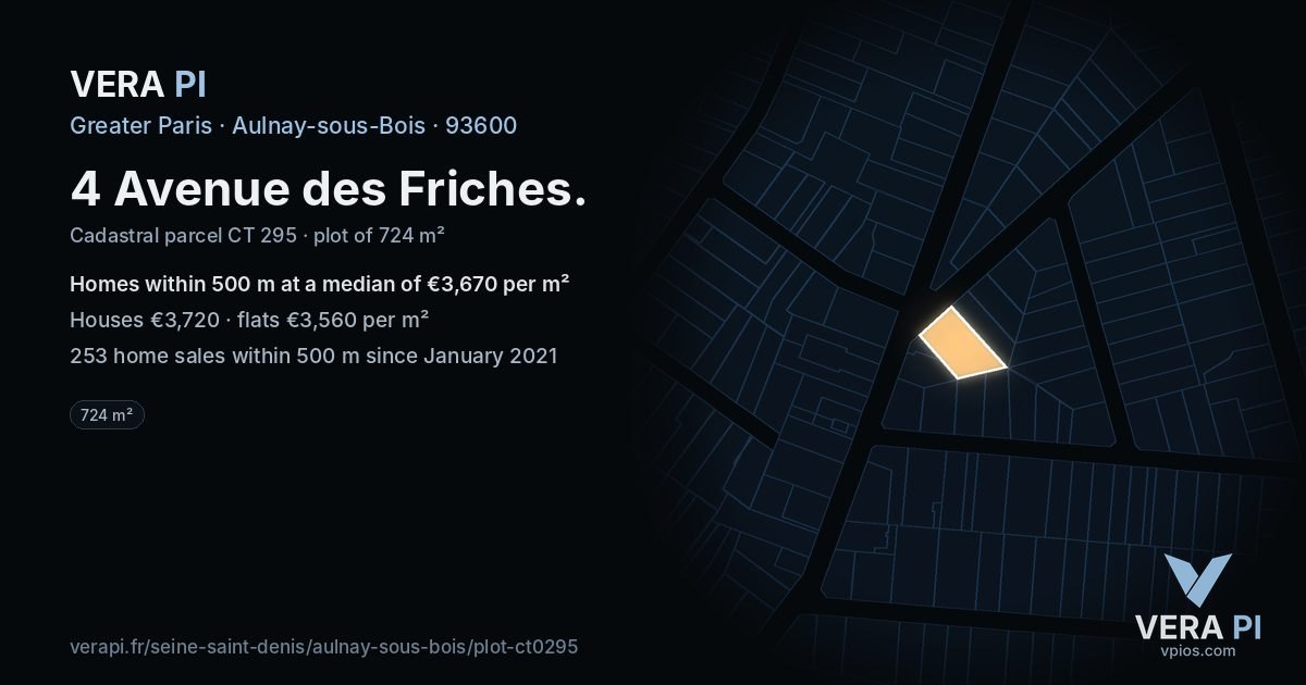 4 Avenue des Friches, Aulnay-sous-Bois at night – the plot lit, the parcels around coloured by the prices near them