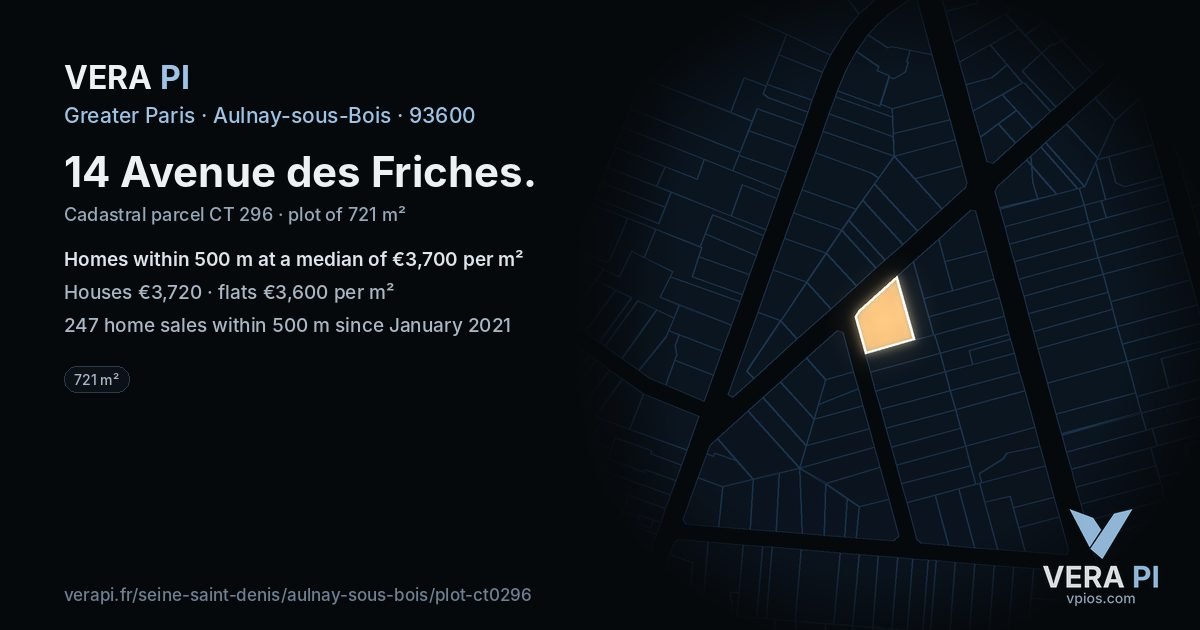 14 Avenue des Friches, Aulnay-sous-Bois at night – the plot lit, the parcels around coloured by the prices near them